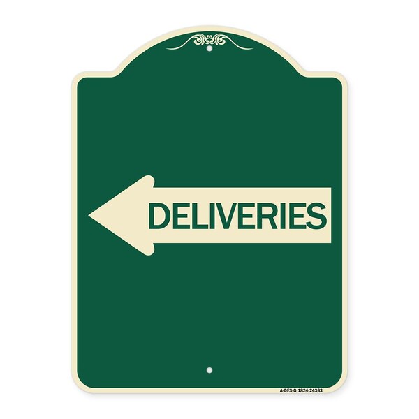Deliveries With Left Arrow Heavy-Gauge Aluminum Architectural Sign, 24" x 18", G-1824-24363